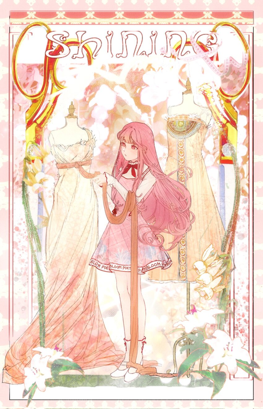 1girl, adjusting_clothes, ankle_socks, argyle_clothes, argyle_dress, bloom_poetry_(shining_nikki), border, bow, bowtie, brown_eyes, closed_mouth, clothes_writing, commentary, cross-laced_clothes, cross-laced_legwear, dress, english_commentary, floral_print, flower, frown, full_body, gradient_clothes, gradient_dress, highres, intoxicating_times_(shining_nikki), lily_(flower), long_dress, long_hair, long_sidelocks, long_sleeves, mannequin, mary_janes, medium_dress, nikki_(nikki), nikki_(series), orange_background, orange_dress, orange_sash, outside_border, picture_frame, pinafore_dress, pink_border, pink_dress, pink_hair, pleated_dress, print_dress, red_bow, red_bowtie, red_ribbon, ribbon, ribbon_legwear, ruefulli, sash, shining_nikki, shirt, shoes, short_dress, sidelocks, sleeveless, sleeveless_dress, sleeves_past_wrists, socks, solo, spring's_garland_(shining_nikki), standing, strapless, strapless_dress, thinking, turtleneck, turtleneck_shirt, two-tone_dress, unworn_dress, very_long_hair, waist_sash, wavy_hair, white_dress, white_flower, white_shirt, white_shoes, white_socks