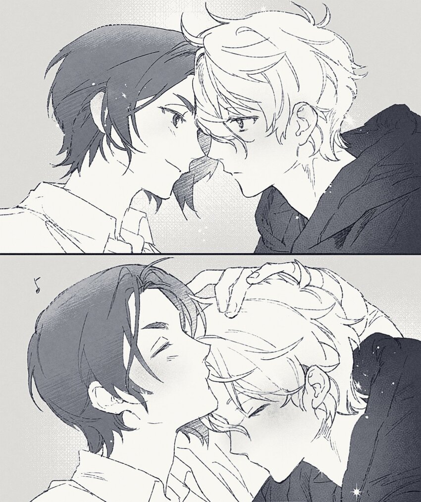 2boys, asymmetrical_bangs, ballro, blue_lock, closed_eyes, collared_shirt, eye_contact, forehead-to-forehead