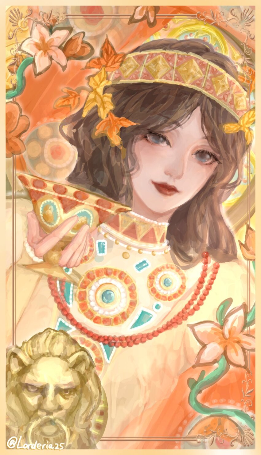 1girl, art_nouveau, autumn_leaves, bead_necklace, beads, black_hair, chalice, closed_mouth, commentary, cup, dress, english_commentary, eyelashes, eyeshadow, flower, grey_eyes, hair_ornament, happy, headband, highres, holding, holding_cup, intoxicating_times_(shining_nikki), jewelry, juliet_sleeves, leaf, leaf_hair_ornament, lion, lipstick, long_hair, long_sleeves, looking_at_viewer, lorderia25, makeup, necklace, nikki_(series), orange_flower, picture_frame, pink_eyeshadow, puffy_sleeves, red_headband, red_lips, shining_nikki, smile, solo, twitter_username, upper_body, wavy_hair, yellow_dress