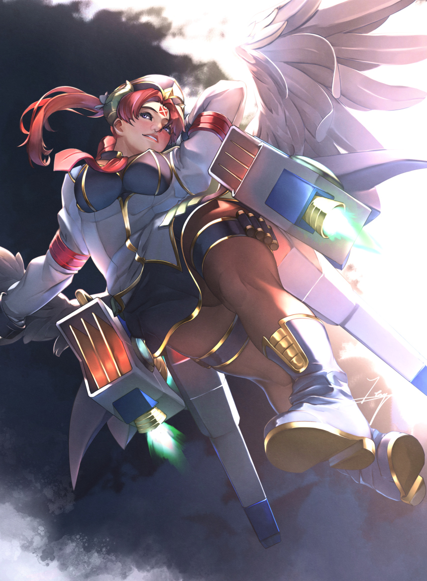 1girl, absurdres, ankle_boots, arm_behind_head, armband, black_boots, black_skirt, boots