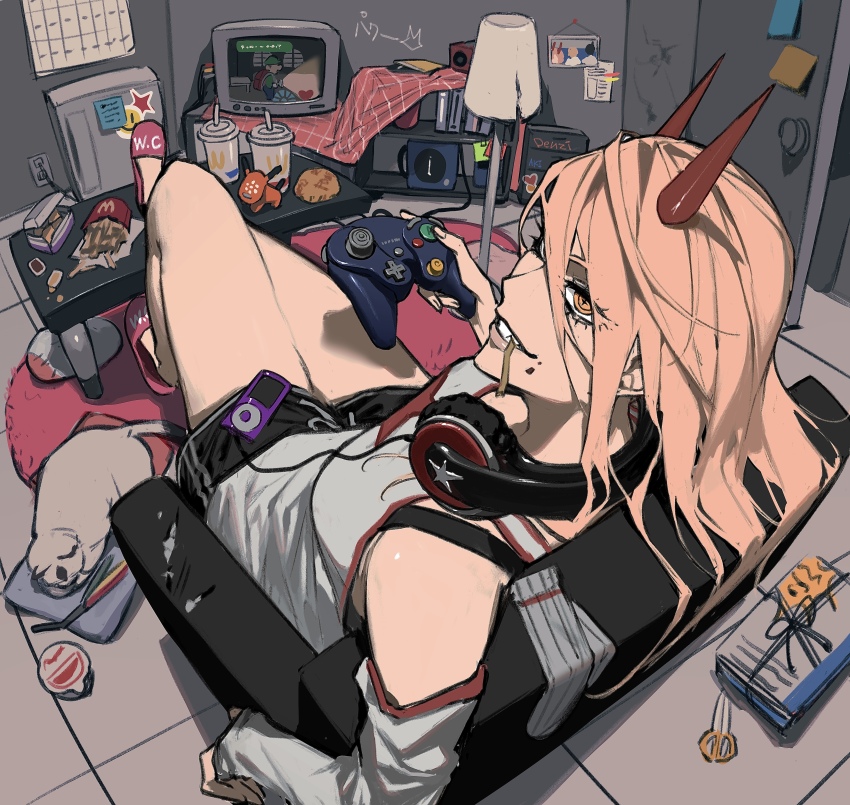 1girl, absurdres, armchair, cat, chainsaw_man, chair, chicken_nuggets, commentary_request, controller, crt, cup, disposable_cup, eating, food, french_fries, game_console, game_controller, gamecube, gamecube_controller, headphones, headphones_around_neck, highres, horns, indoors, ipod, lamp, long_hair, luigi, luigi's_mansion, ma0ma0_0, mario_(series), mcdonald's, mp3_player, nintendo, pink_hair, power_(chainsaw_man), short_shorts, shorts, sitting, slippers, smirk, wrapped_burger, yellow_eyes