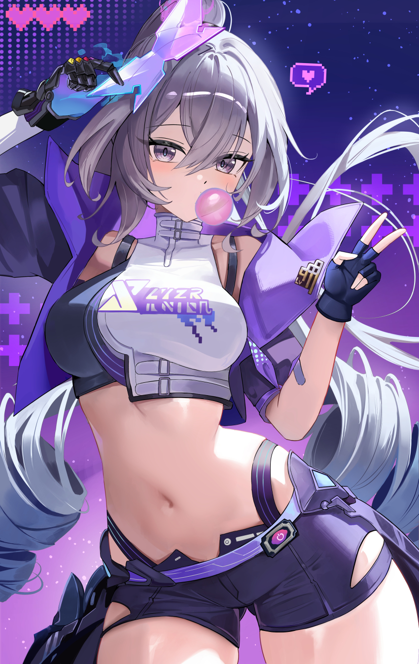 1girl, absurdres, black_gloves, black_shorts, blowing_bubble_gum, breasts, chewing_gum, cowboy_shot, crop_top, drill_hair, drill_ponytail, fingerless_gloves, gloves, gradient-tinted_eyewear, grey_eyes, grey_hair, heart, highres, honkai:_star_rail, honkai_(series), long_hair, luto, mechanical_gloves, medium_breasts, navel, official_alternate_costume, ponytail, purple-tinted_eyewear, purple_background, short_shorts, shorts, silver_wolf_(lv.999)_(honkai:_star_rail), silver_wolf_(honkai:_star_rail), single_drill, single_mechanical_glove, solo, stomach, tinted_eyewear, v