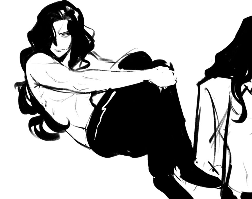 1boy, black_hair, black_pants, black_shoes, hair_over_one_eye, hands_on_own_legs, highres, long_hair