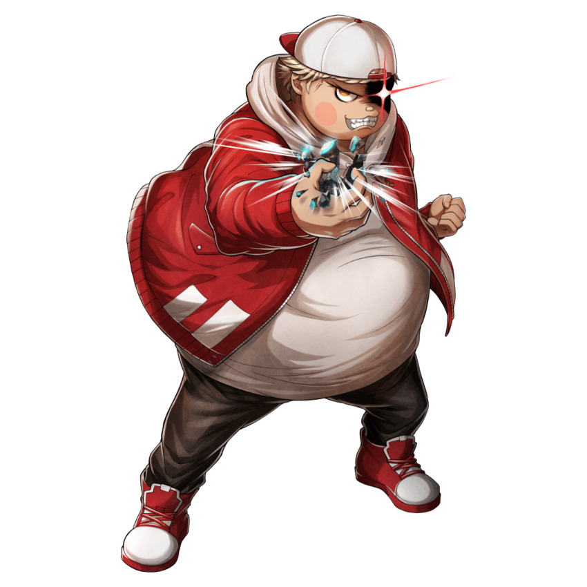 1boy, backwards_hat, baseball_cap, black_pants, blonde_hair, brown_eyes, clenched_teeth, crushing