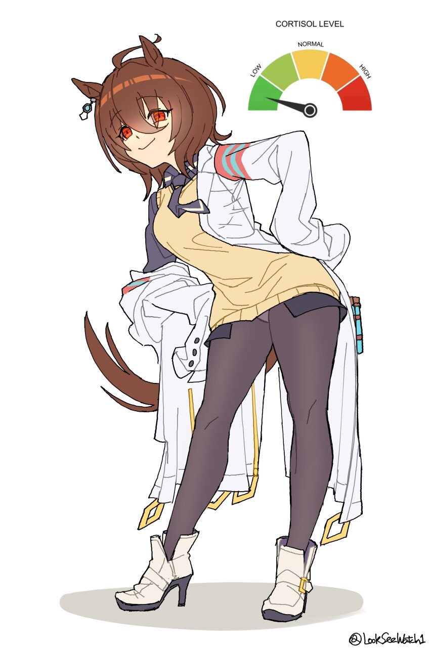 1girl, absurdres, agnes_tachyon_(tach-nology)_(umamusume), agnes_tachyon_(umamusume), ahoge, animal_ears, black_necktie, black_pantyhose, black_shirt, boots, brown_hair, closed_mouth, coat, cortisol_level_(meme), earrings, full_body, hands_on_own_hips, high_heel_boots, high_heels, highres, horse_ears, horse_girl, horse_tail, jewelry, kej3516, lab_coat, long_sleeves, looking_at_viewer, meme, necktie, panties, panties_under_pantyhose, pantyhose, red_eyes, shirt, simple_background, single_earring, single_off_shoulder, smile, solo, sweater, tail, umamusume, underwear, white_background, white_boots, white_coat, yellow_sweater