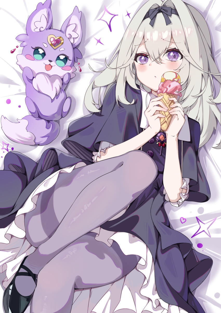 1girl, absurdres, ahoge, antenna_hair, black_dress, black_pantyhose, black_ribbon, black_skirt