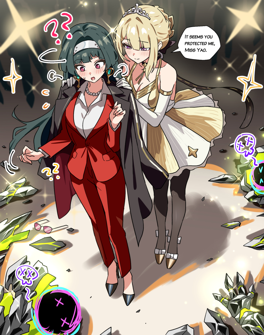 2girls, ?, ??, astra_yao, bare_shoulders, black_coat, black_hair, black_pantyhose