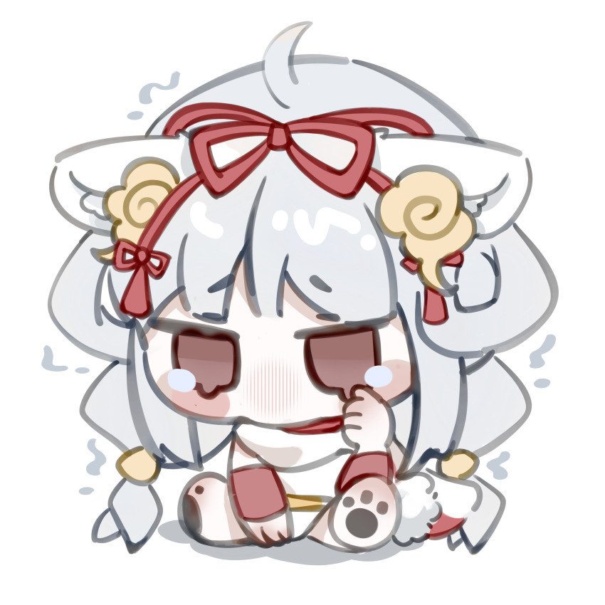 1girl, absurdres, ahoge, animal_ear_fluff, animal_ears, animal_feet, blunt_bangs, blush_stickers