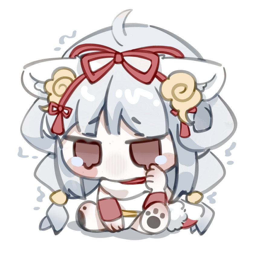 1girl, absurdres, ahoge, animal_ear_fluff, animal_ears, animal_feet, blunt_bangs, blush_stickers