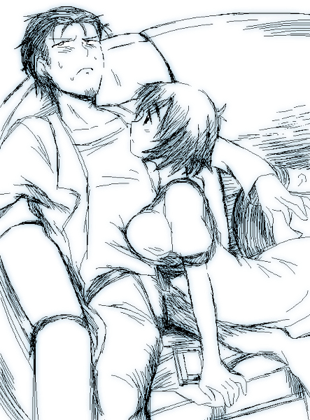 1boy, 1girl, blue_theme, couch, facial_hair, lab_coat, monochrome, okabe_rintarou, science_adventure, shiina_mayuri, short_hair, sitting, steins;gate, stubble, ude