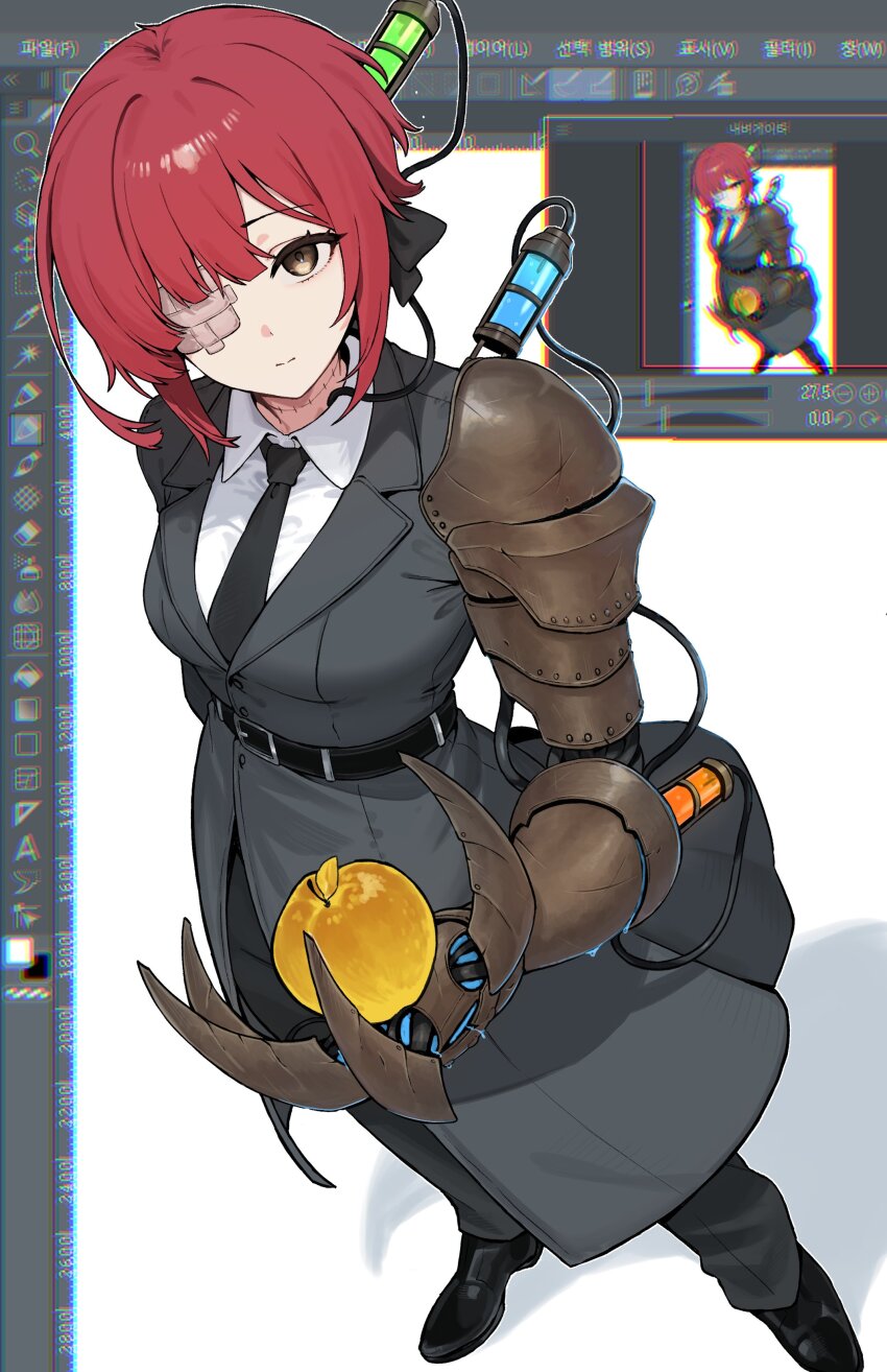 1girl, absurdres, adobe_photoshop, apple, arm_armor, baral_(project_moon), baral_(project_moon)_(cosplay), belt