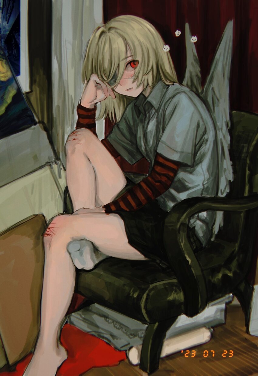 1girl, armchair, black_shorts, bleeding, blonde_hair, blood, chair, collared_shirt