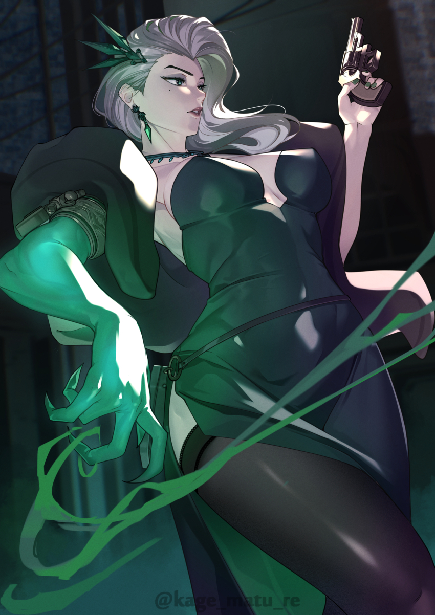 1girl, absurdres, breasts, cleavage, deadlock_(game), dress, earrings, green_dress