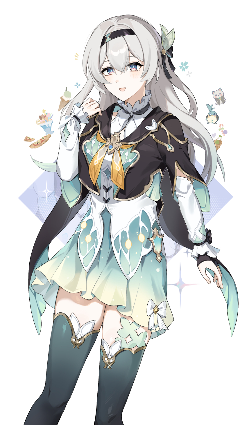 1girl, absurdres, commentary_request, cowboy_shot, firefly_(honkai:_star_rail), gradient_eyes, green_thighhighs, grey_hair