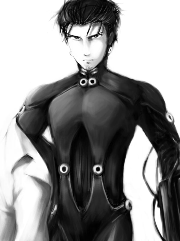 1boy, crossover, facial_hair, gantz, greyscale, lab_coat, male_focus, monochrome