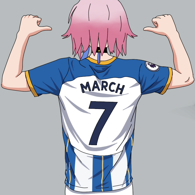 1girl, alternate_costume, brighton_&amp;_hove_albion_fc, commentary_request, from_behind, grey_background, honkai:_star_rail, honkai_(series), march_7th_(honkai:_star_rail), name_connection, oguricapuma1, pink_hair, pointing, pointing_at_self, premier_league, short_hair, shorts, simple_background, soccer_uniform, solly_march, solo, spanish_commentary, sportswear, two-tone_shirt, upper_body, white_shorts