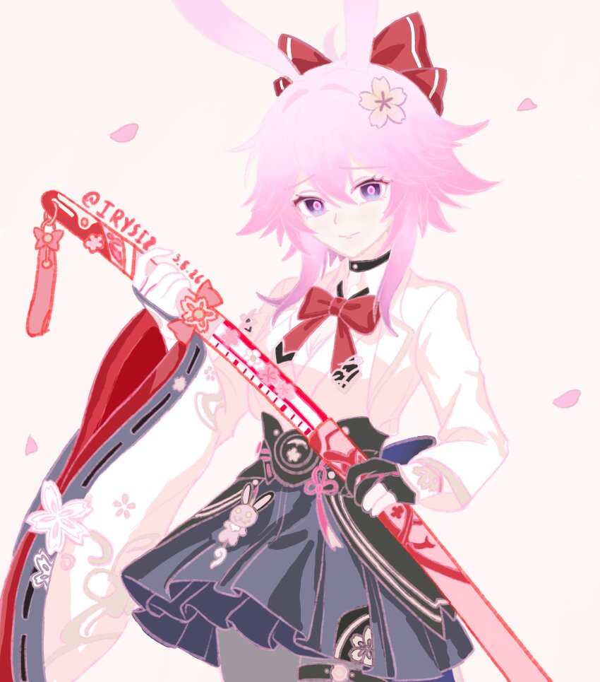 1girl, absurdres, animal_ears, bow, breasts, cherry_blossom_print, choker, cleavage