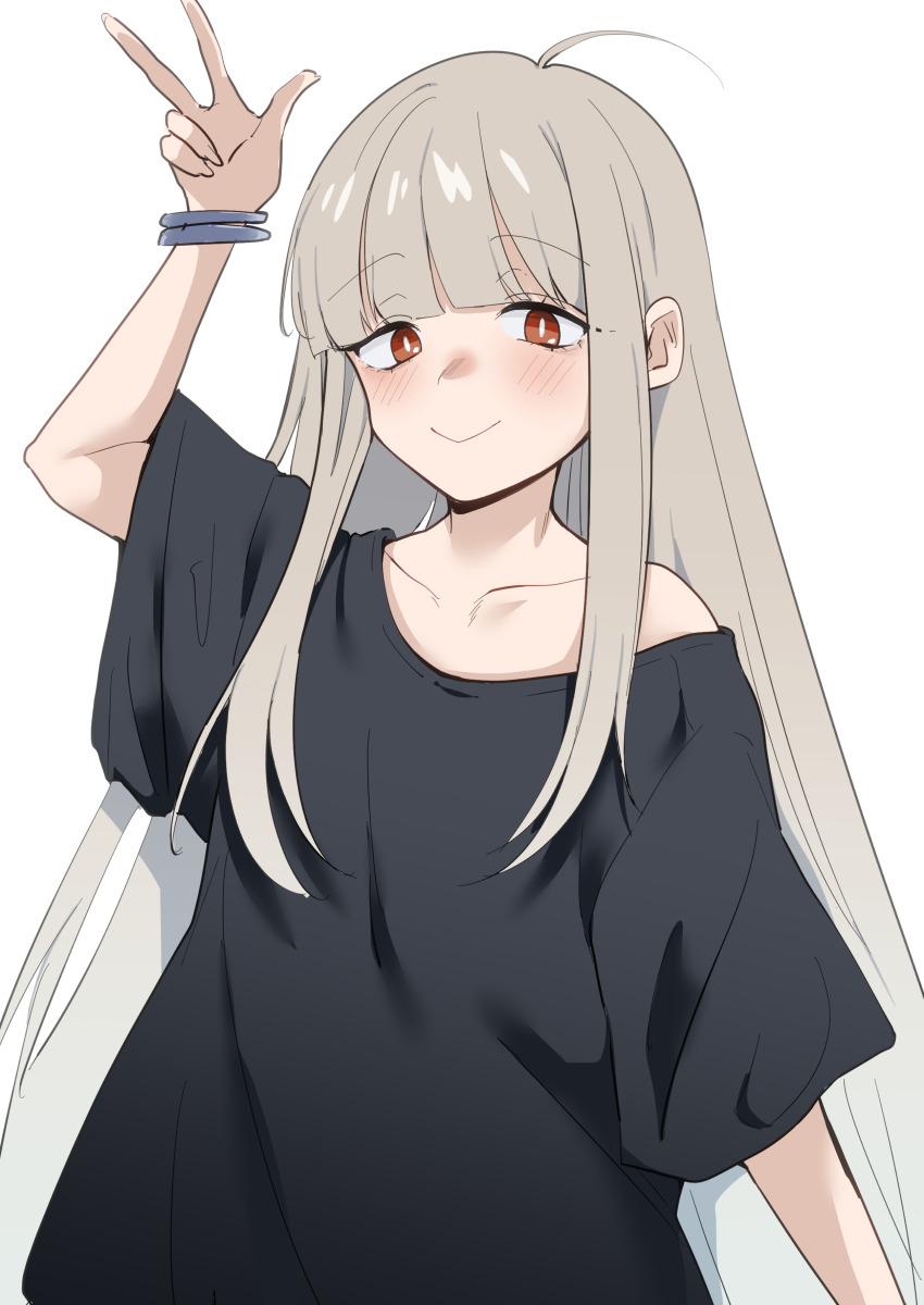 1girl, absurdres, ahoge, arm_up, black_shirt, blush, bracelet, brown_eyes