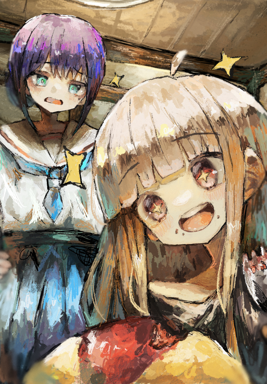 2girls, absurdres, ahoge, black_shirt, blonde_hair, blue_hair, blue_neckerchief, blue_skirt