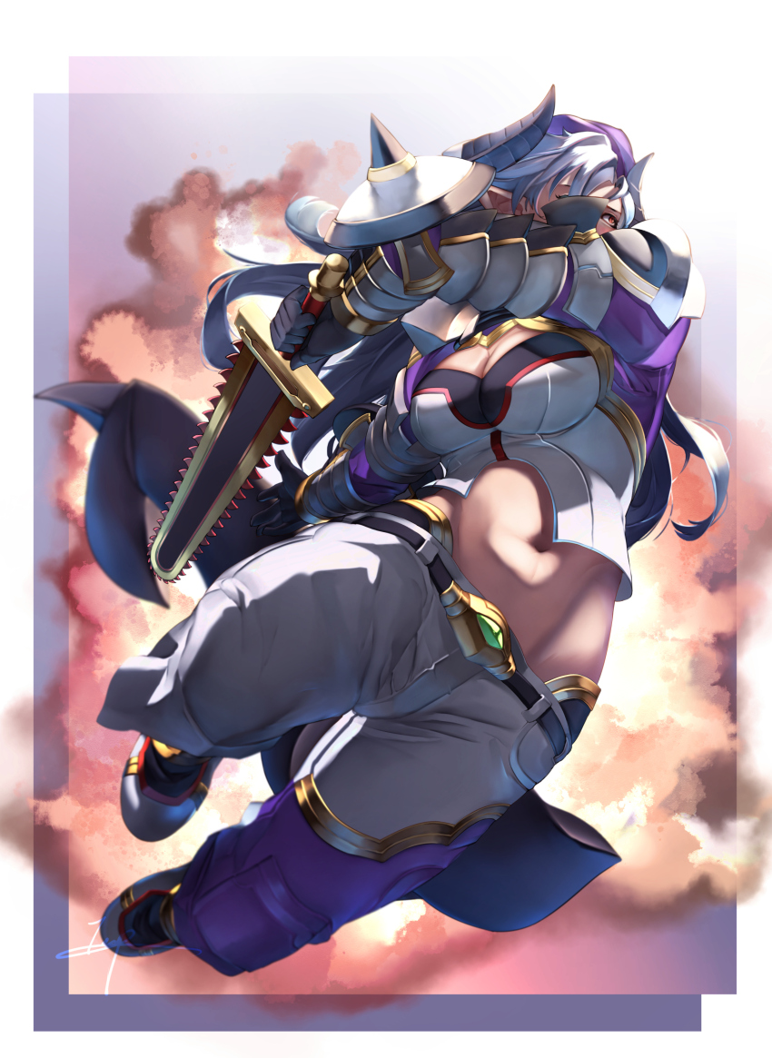 1girl, absurdres, black_horns, black_tail, blue_hair, breasts, chainsaw, cleavage