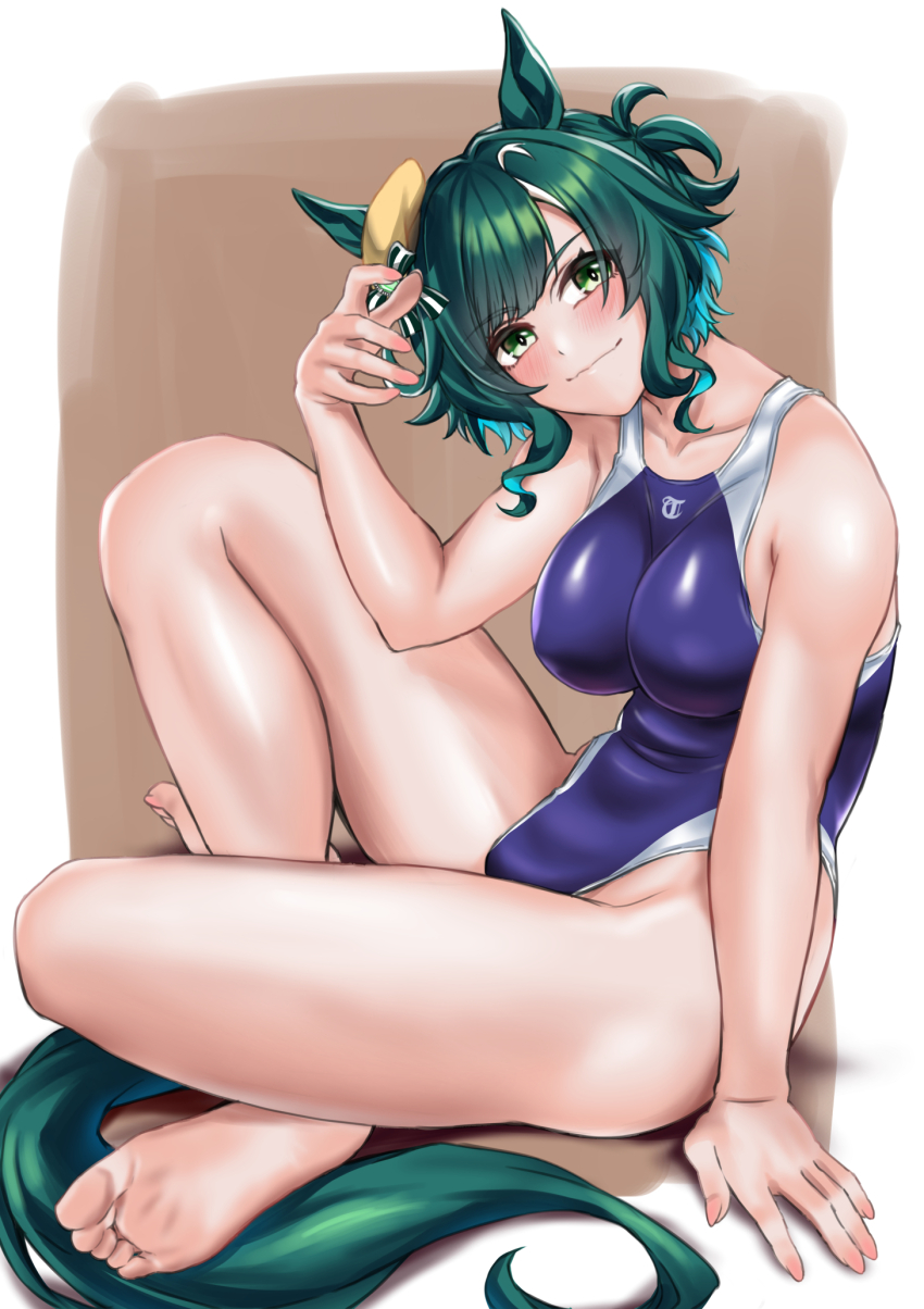 1girl, animal_ears, barefoot, beret, blush, breasts, closed_mouth, collarbone, commentary_request, competition_swimsuit, covered_erect_nipples, ears_through_headwear, feet, fingernails, full_body, green_eyes, green_hair, green_tail, grey_hair, grey_streaks, groin, hakase_yurisuki, hand_up, hat, head_tilt, highleg, highleg_one-piece_swimsuit, highres, horse_ears, horse_girl, horse_tail, indian_style, kiseki_(umamusume), large_breasts, legs, looking_at_viewer, multicolored_hair, one-piece_swimsuit, parted_bangs, short_hair, sitting, smile, soles, solo, streaked_hair, swimsuit, tail, toes, umamusume, yellow_hat