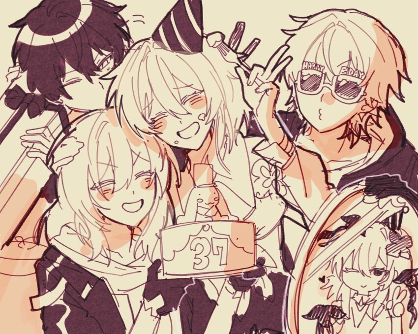 2boys, 3girls, alternate_form, birthday, birthday_cake, blush, bow, box, caelus_(honkai:_star_rail), cake, character-themed_food, choker, closed_eyes, closed_mouth, clothing_cutout, collarbone, collared_shirt, commentary_request, covered_mouth, dan_heng_(honkai:_star_rail), dan_heng_(hunt)_(honkai:_star_rail), dress, dual_persona, evernight_(honkai:_star_rail), evey_(honkai:_star_rail), fingerless_gloves, fingernails, flower, flower_ornament, food, food_on_face, fork, gift, gift_box, gloves, gul_ghr, hair_between_eyes, hair_flower, hair_ornament, hand_up, hat, highres, holding, holding_gift, holding_mirror, holding_plate, honkai:_star_rail, honkai_(series), hood, hooded_jacket, icing, jacket, jellyfish, korean_commentary, lapels, long_hair, long_sleeves, looking_at_another, march_7th_(honkai:_star_rail), march_7th_(preservation)_(honkai:_star_rail), mirror, monochrome, multiple_boys, multiple_girls, one_eye_closed, open_clothes, open_jacket, party_hat, plate, pom-pom_(honkai:_star_rail), puffy_long_sleeves, puffy_sleeves, shirt, short_hair, shoulder_cutout, sidelocks, simple_background, single_bare_shoulder, skirt, smile, stelle_(honkai:_star_rail), striped_hat, sunglasses, sweatdrop, t-shirt, teeth, trailblazer_(honkai:_star_rail), two-sided_fabric, two-sided_jacket, upper_body, v, v-shaped_eyebrows