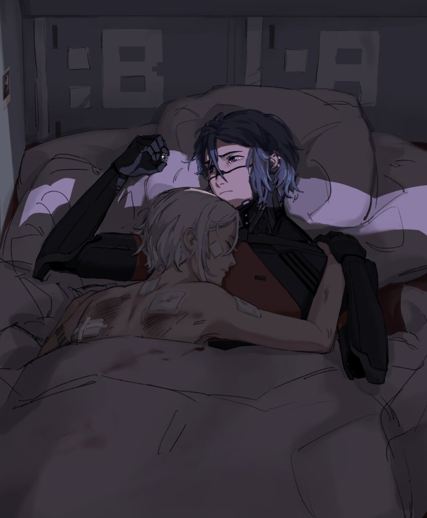 2girls, android, ariane_yeong, bandaid, bandaid_on_back, bandaid_on_cheek, bandaid_on_face, bed