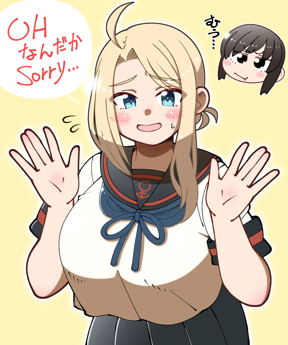 2girls, anchor_symbol, asymmetrical_hair, black_sailor_collar, black_skirt, blonde_hair, blue_eyes, blue_neckerchief