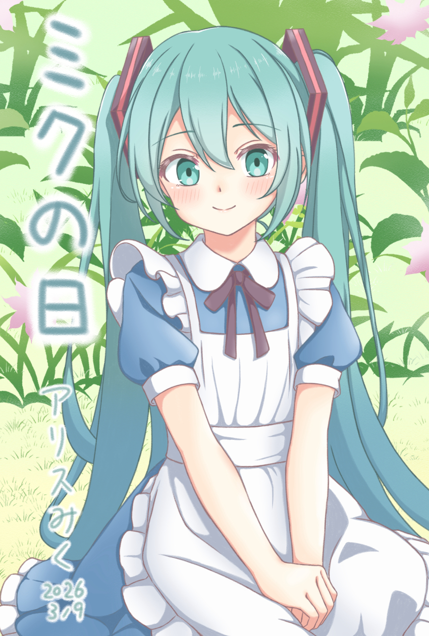 1girl, alternate_costume, apron, aqua_eyes, aqua_hair, black_ribbon, blue_dress, blush