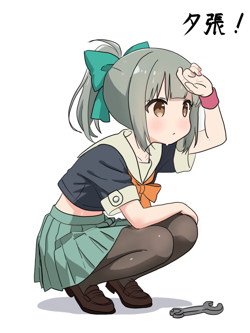 1girl, black_pantyhose, black_shirt, bow, character_name, commentary_request, green_bow, green_skirt