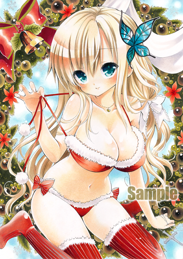 10s, 1girl, ayuayu_(chisuke_ayu), bad_id, bad_pixiv_id, bell, bikini, blonde_hair, blue_eyes, boku_wa_tomodachi_ga_sukunai, bow, breasts, butterfly_hair_ornament, christmas, cleavage, female_focus, hair_ornament, kashiwazaki_sena, kneeling, large_breasts, long_hair, marker_(medium), red_bikini, sample_watermark, santa_bikini, santa_costume, solo, striped_clothes, striped_thighhighs, swimsuit, thighhighs, traditional_media, vertical-striped_clothes, vertical-striped_thighhighs, watermark, wreath