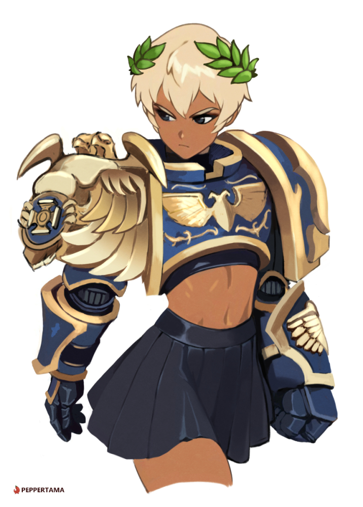 1boy, androgynous, aquila_(symbol), armor, armor_of_fate_(warhammer), black_skirt, blonde_hair, blue_armor, commentary, crossdressing, crossdressing_(mtf), dark-skinned_male, dark_skin, eagle_head_(ornament), english_commentary, imperial_aquila, imperium_of_man, laurel_crown, male_focus, miniskirt, navel, ornate_armor, penis, peppertama, power_armor, power_fist, primarch, roboute_guilliman, short_hair, skirt, small_penis, trap, ultramarines, warhammer_40k