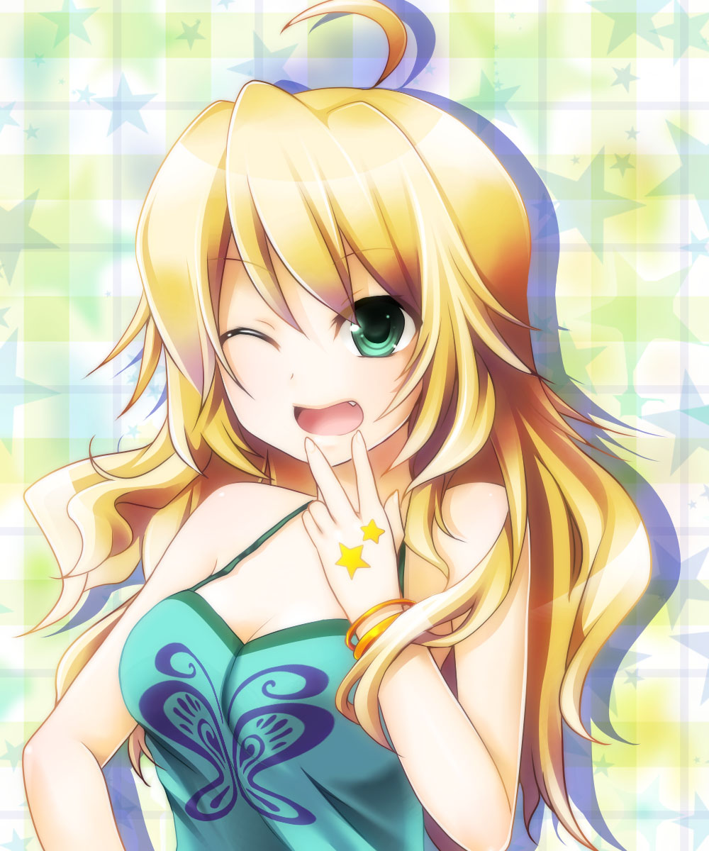 1girl, ahoge, bare_shoulders, blonde_hair, bracelet, breasts, cleavage, fang, female_focus, green_eyes, highres, hoshii_miki, idolmaster, idolmaster_(classic), jewelry, long_hair, medium_breasts, one_eye_closed, open_mouth, solo, star_(symbol), takelu, wink