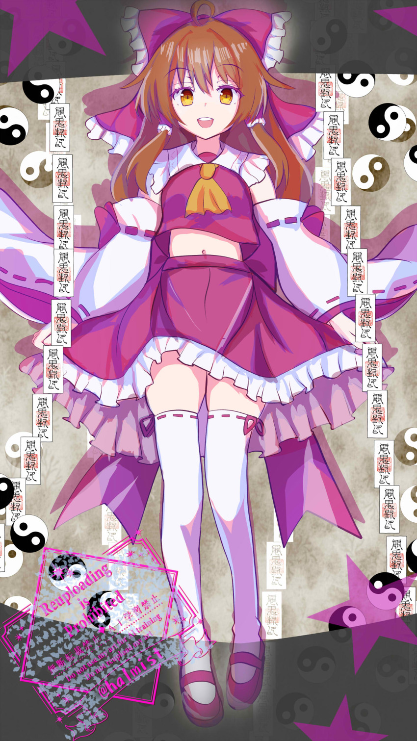 1girl, absurdres, ascot, back_bow, bow, brown_hair, commentary_request, detached_sleeves