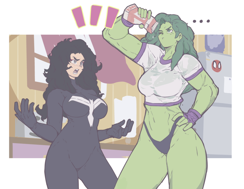 animal_print, annoyed, biceps, black_hair, black_panties, bodysuit, border, breasts