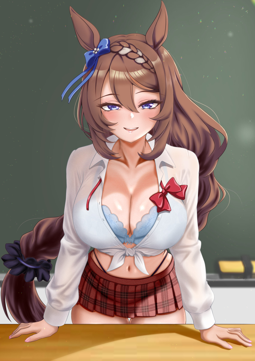 1girl, absurdres, animal_ears, blue_bow, blue_bra, blue_eyes, blush, bow