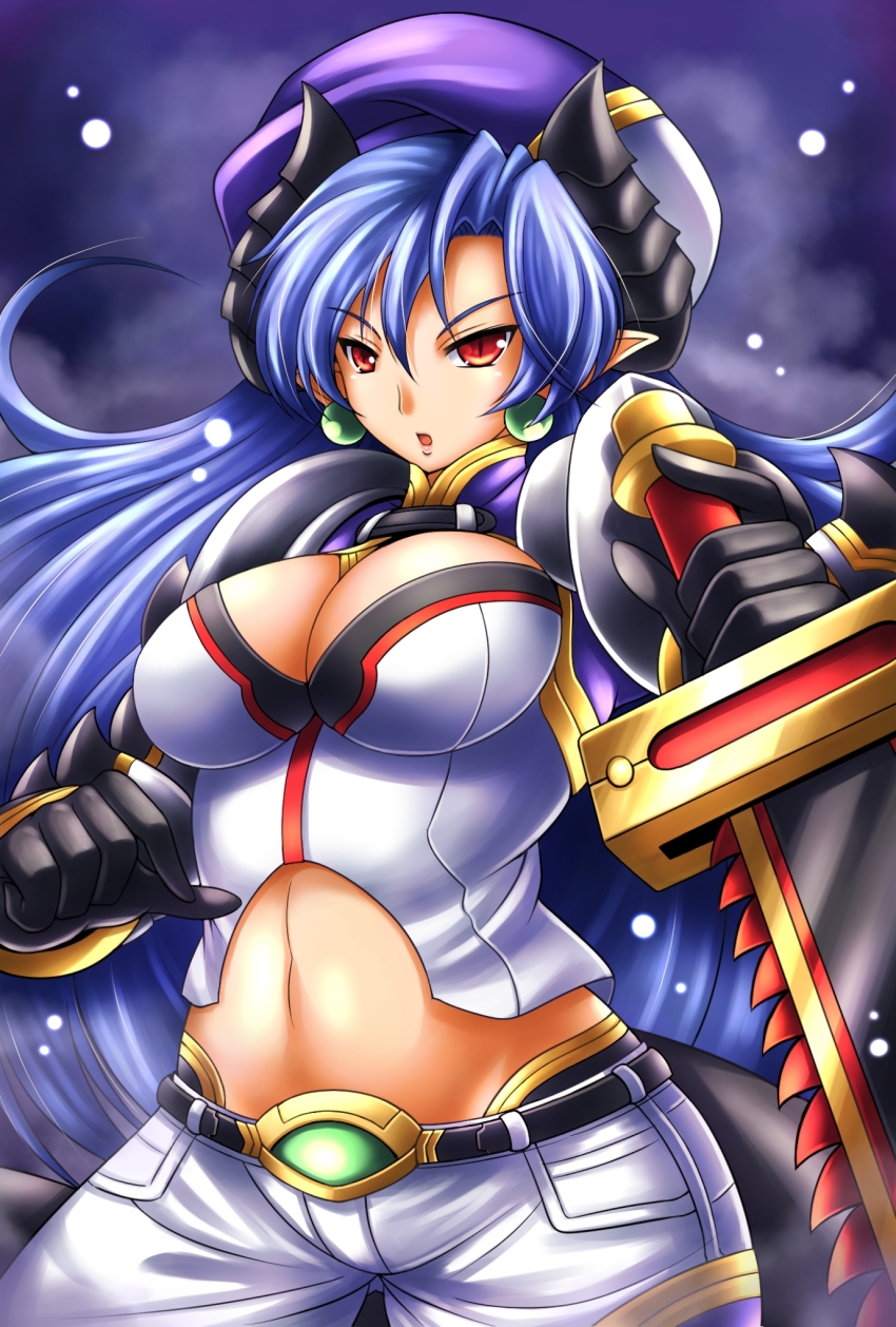 1girl, black_gloves, black_horns, blue_hair, breasts, chainsaw, cleavage, cleavage_cutout