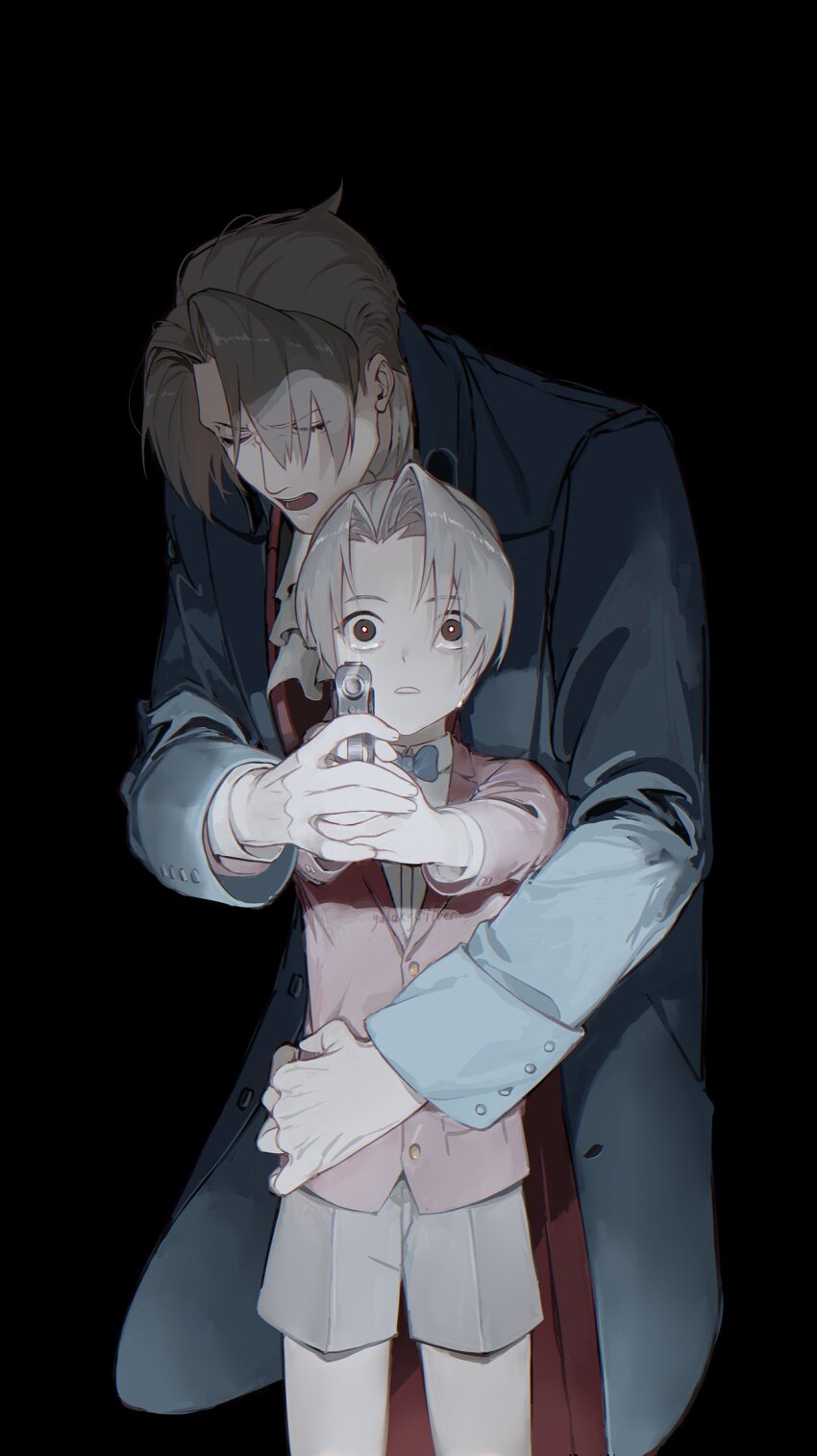 2boys, ace_attorney, aged_down, aiming, ascot, black_background, blue_bow, blue_bowtie