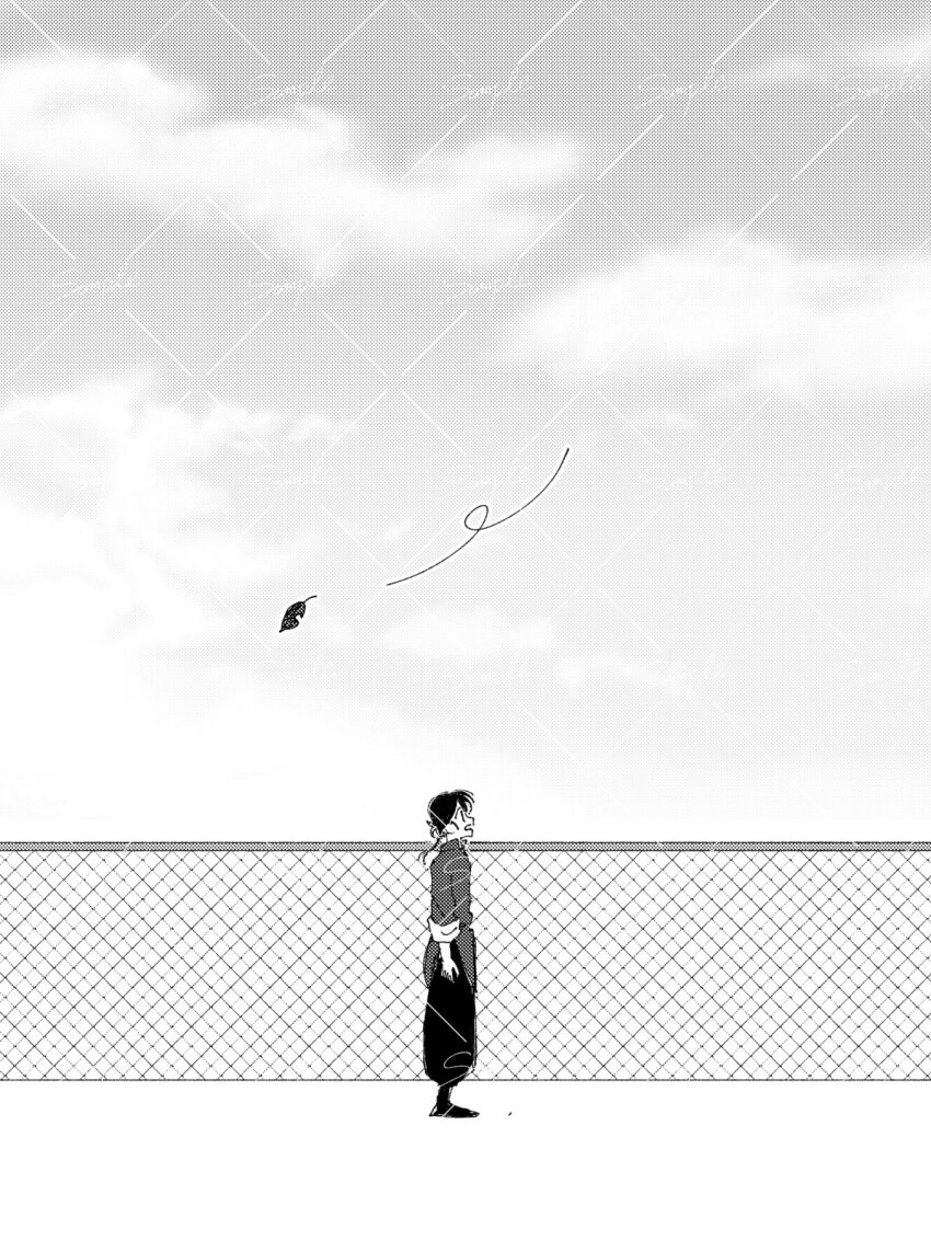 1boy, chain-link_fence, cocoa_681, commentary, fence, greyscale, halftone, highres