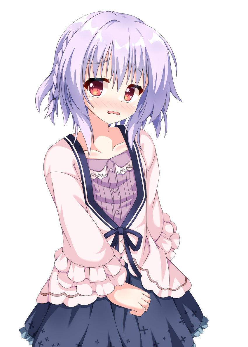 1boy, arm_behind_back, asuka_minato, black_skirt, blue_hair, blush, braid, clenched_hand