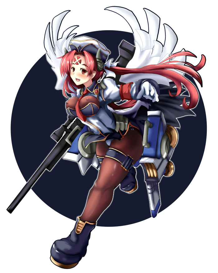 1girl, ankle_boots, armband, between_breasts, black_boots, black_hat, black_shirt, black_skirt