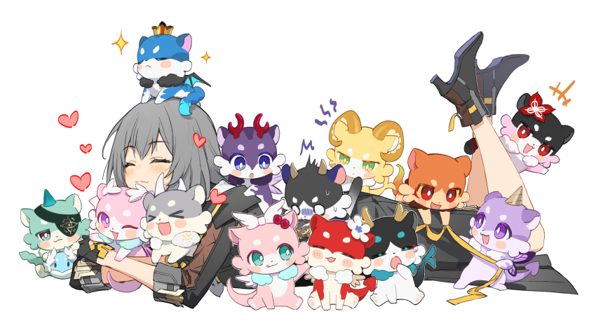 1girl, aglaea_(honkai:_star_rail), aglaea_(oatmeal)_(honkai:_star_rail), anaxa_(honkai:_star_rail), anaxa_(nanus)_(honkai:_star_rail), animal, animal_hug, animal_on_head