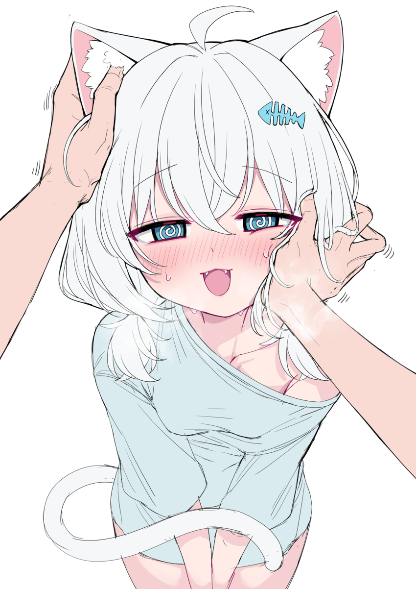 1girl, @_@, animal_ears, blush, breasts, cat_ears, cat_girl, cat_tail
