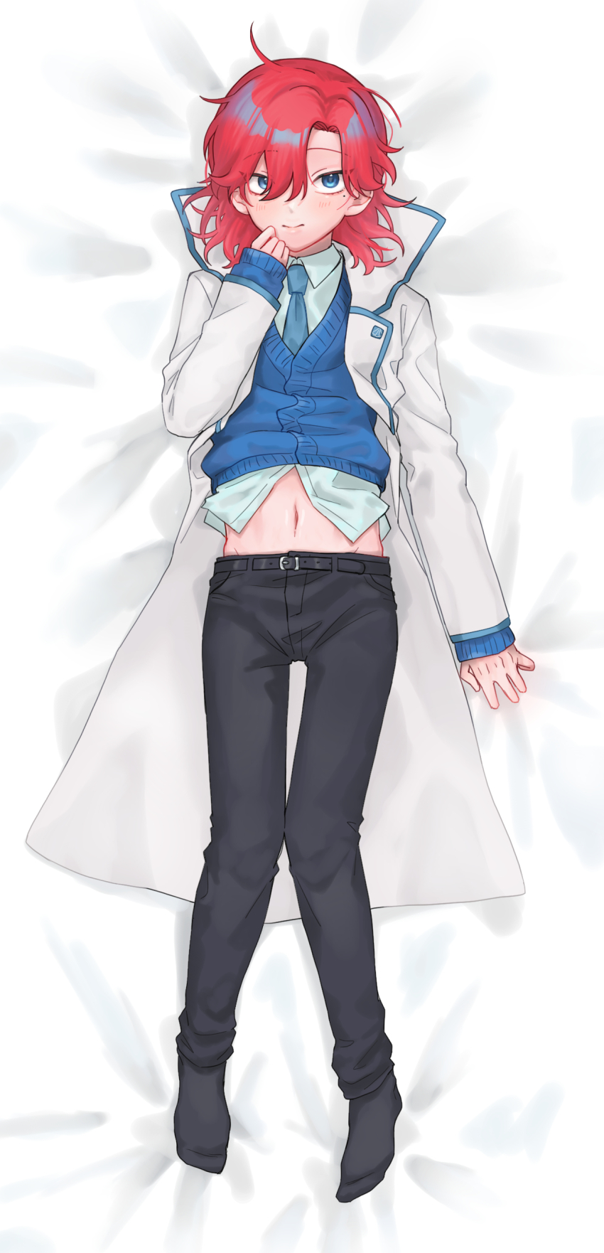 1boy, absurdres, arm_at_side, bed_sheet, belt, black_belt, black_pants, black_socks