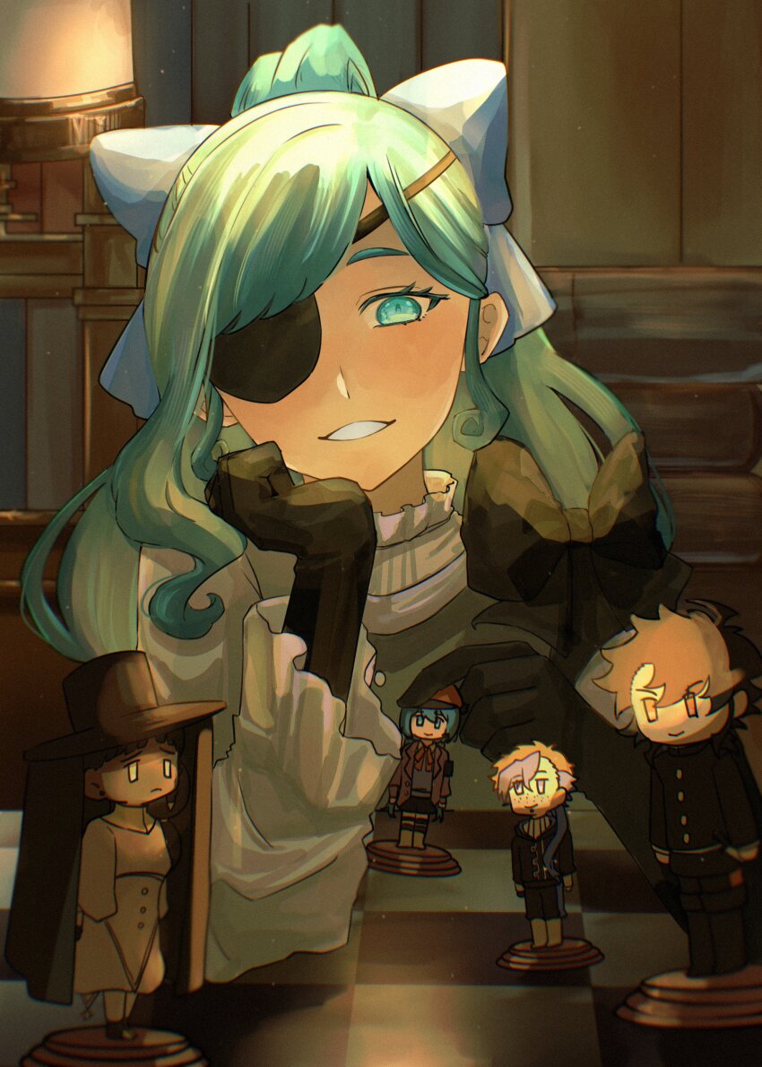 1girl, absurdres, black_gloves, bow, character_figure, chess_piece, commentary_request, desscaras, elbow_on_table, eyepatch, gloves, gokuraku_(madan_no_ichi), green_eyes, green_hair, hair_bow, head_rest, high_ponytail, highres, ichi_(madan_no_ichi), indoors, kumugi_(madan_no_ichi), long_hair, madan_no_ichi, parted_lips, ponytail, smile, solo, spica_harvest, tomori_(inoutomori), upper_body