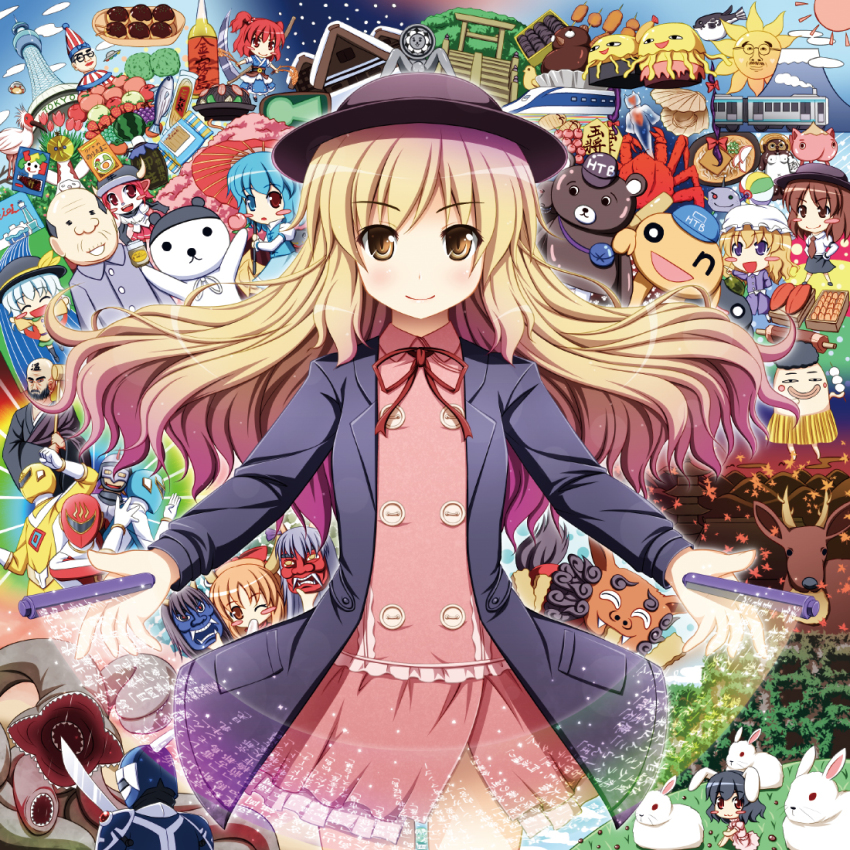 6+girls, akashio_(loli_ace), alternate_costume, animal_ears, apple, bald, beard, bird, black_hair, black_legwear, blonde_hair, blue_eyes, blue_hair, blue_oni, blush_stickers, bow, brown_eyes, brown_hair, buffalo_bell, building, buttons, chibi, closed_eyes, cover, cover_page, crab, deer, dress, facial_hair, fangs, field, food, forest, fruit, gradient_hair, green_hair, hair_bobbles, hair_bow, hair_ornament, hand_on_own_hip, hand_to_own_mouth, hat, heterochromia, hijiri_byakuren, hip_focus, horn_ornament, horn_ribbon, horns, ibuki_suika, inaba_tewi, jacket, japanese_clothes, komeiji_koishi, lace, long_hair, maribel_hearn, monster, mount_fuji, mountain, multicolored_hair, multiple_girls, namahage, nature, necktie, nippon_professional_baseball, old, old_man, one_eye_closed, oni, onozuka_komachi, open_mouth, orange_hair, orix_buffaloes, outstretched_arms, pointing, purple_dress, purple_eyes, purple_hair, rabbit_ears, red_eyes, red_hair, red_oni, ribbon, scroll, scythe, shirt, short_hair, sitting, skirt, skirt_set, smile, snow, sorcerer's_sutra_scroll, spread_arms, sun, super_sentai, takoyaki, tanuki, tatara_kogasa, thighhighs, torii, touhou, twintails, two_side_up, ufo, umbrella, usami_renko, wink, yellow_eyes