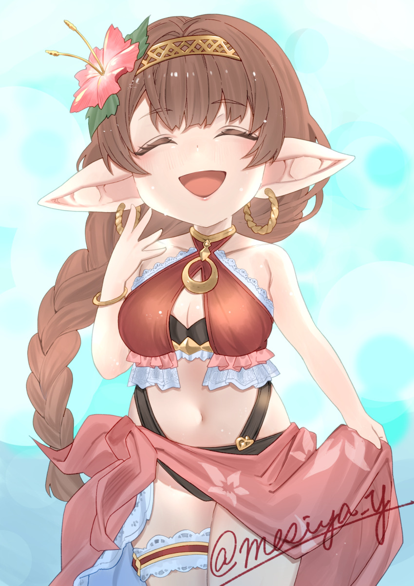 1girl, artist_name, bikini, braid, breasts, brown_hair, cleavage, commentary_request