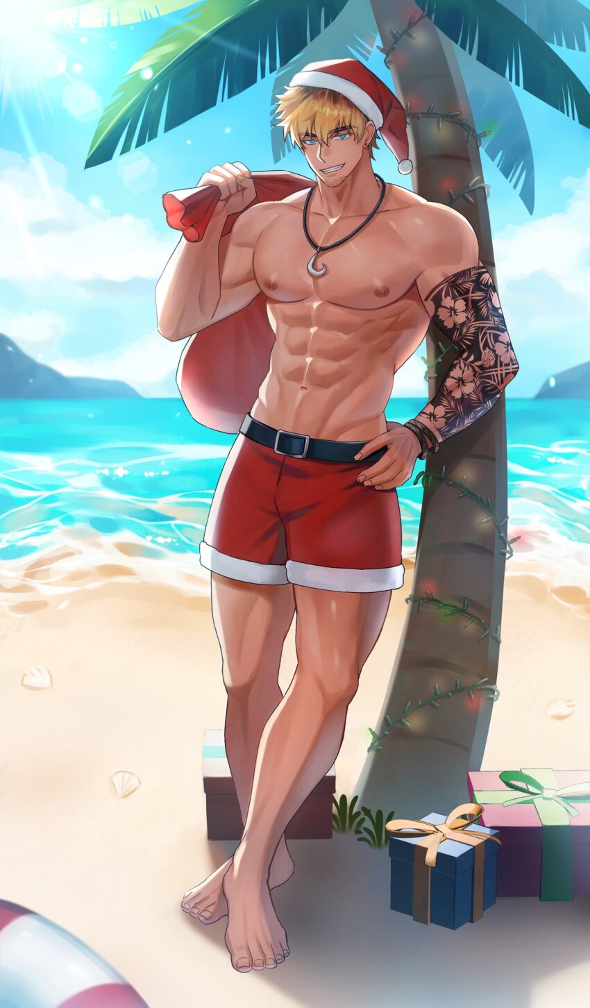 1boy, abs, arm_tattoo, bag, barefoot, beach, beard_stubble, belt