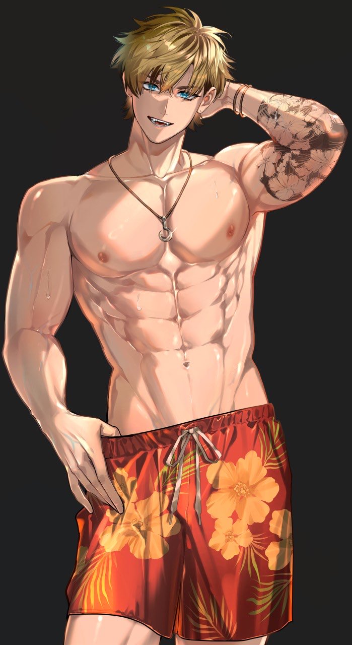 1boy, abs, arm_behind_head, arm_tattoo, beard_stubble, black_hair, blonde_hair, blue_eyes, bracelet, commentary, cowboy_shot, drawstring, earrings, english_commentary, facial_hair, fangs, fish_hook, floral_print, flower, flower_tattoo, groin, hand_on_own_hip, hand_under_clothes, hand_under_shorts, hawaiian_clothes, hibiscus, hibiscus_print, highres, hiiro_(coinxtossxdive), indie_virtual_youtuber, jewelry, konatide, large_pectorals, looking_at_viewer, male_focus, manly, multicolored_hair, muscular, muscular_male, navel, necklace, nipples, open_mouth, pectorals, red_shorts, rope_bracelet, short_hair, shorts, simple_background, smile, solo, stubble, stud_earrings, tattoo, teeth, topless_male, two-tone_hair, virtual_youtuber