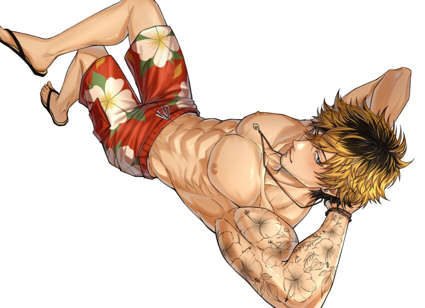 1boy, abs, arm_tattoo, armpits, arms_behind_head, beard_stubble, black_hair, blonde_hair